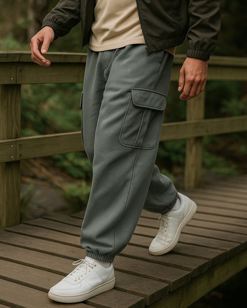 bewakoof Men's Charcoal Grey Oversized Brushed Cargo Joggers - Image 1